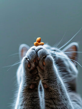 Naklejki grey cats paw reaches for food top view