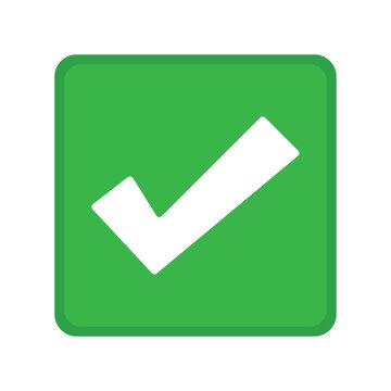 Green positive vote button with checkmark accept complete task badge vector illustration. Success confirmation logotype keypad agree approved check mark. Done checkbox. Tick button emoji icon.