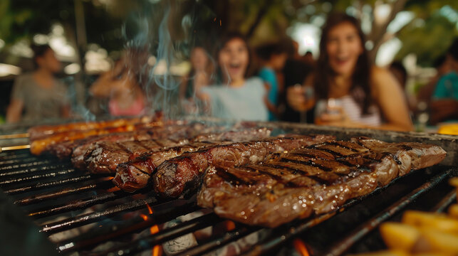 Family and friends gathered around a grill for asado
