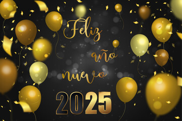 tarjeta o pancarta para desear un feliz año nuevo 2025 en dorado sobre un fondo negro degradado con círculos blancos en efecto bokeh y serpentinas doradas a cada lado de los globos