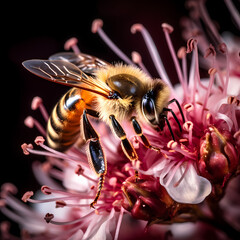 A close-up of a bee pollinating a flower.