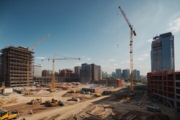 Fototapeta na wymiar Development of city building construction sites and tower crane and heavy equipment