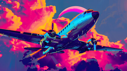 Bold and Colorful Summer Adventure: Vibrant Pop Art Collage Illustrating an Airborne Flight of Imagination