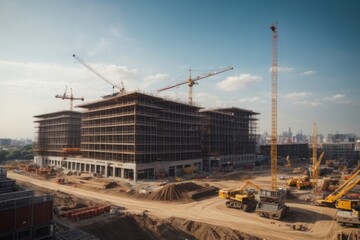 Fototapeta na wymiar Development of city building construction sites and tower crane and heavy equipment