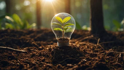 Fotobehang Eco-Illumination: Harnessing Green Energy for a Sustainable Future, Hand holding light bulb against nature on green leaf with energy sources © yahya