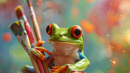 Artistic Amphibian: A Tree Frog Gracefully Holding a Paintbrush amidst a Vibrant Palette of Colors - obrazy, fototapety, plakaty