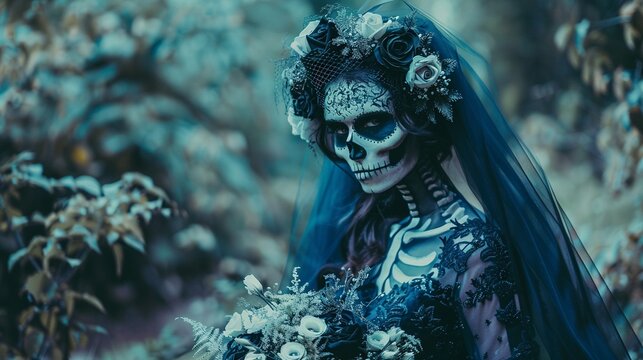 Skeleton bride in a gothic wedding dress