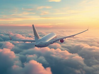 Obraz premium Serene Sunset Flight - Commercial Airplane Soaring Above Clouds