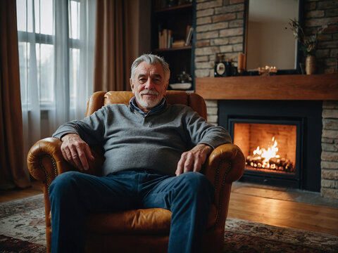 Golden Years: Close-Up of a Mature Man Relaxing by the Fireplace - A Cozy Indoor Portrait of Senior Living at Home