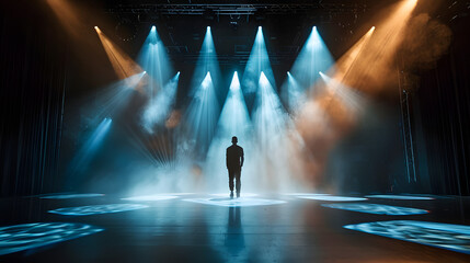 Creative Stage Lighting: Modern Dance Performance Envisioned with Captivating Spotlights and Cutting-edge Art Design on an Empty Stage - obrazy, fototapety, plakaty
