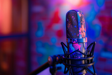 A custom-painted microphone with abstract art, positioned on a stand with a blurred background of sound dampening materials. - obrazy, fototapety, plakaty