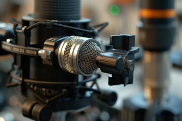 Fototapeta na wymiar A detailed shot of a microphone's adjustment mechanisms, showcasing the precision and engineering behind podcast equipment.