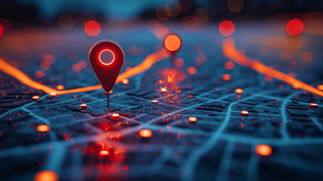 Digital hand set location on map with  pins. AI technology in GPs