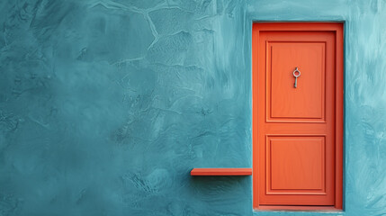 A bold orange door ajar, with a simple keyring placed on a small shelf nearby. The background is a...