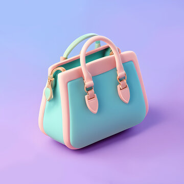 Cute 3D fashion bag icon in a cartoon clay style and soft pastel colors