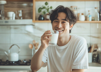 Happy Asian man in the light modern kitchen drinking milk from the glass