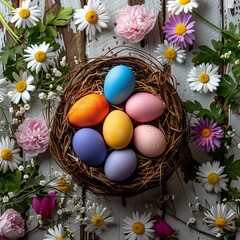 Obraz na płótnie Canvas Easter-themed photo, colorful eggs in a wicker basket on wooden planks