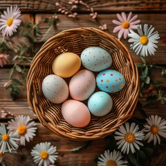 Obraz na płótnie Canvas Easter-themed photo, colorful eggs in a wicker basket on wooden planks