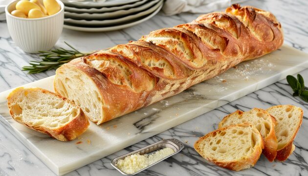 French baguette on kitchen table   culinary stock photo for food lovers and chefs