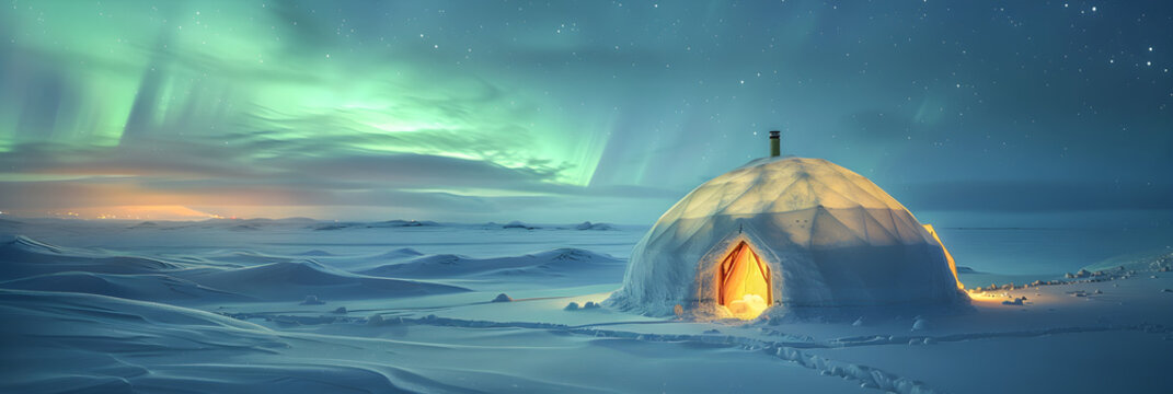 Tranquil Arctic Night: Indigenous Igloo House under Aurora Borealis