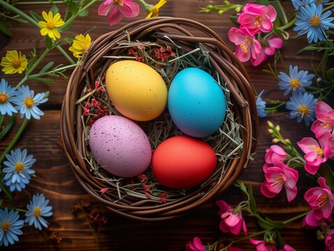 Easter-themed photo, colorful eggs in a wicker basket on wooden planks