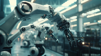 In an Industry 4.0 engineering facility, a robotic arm moves in various directions, showcasing high-tech industrial technology utilizing modern machine learning. This scene represents the era of mass - obrazy, fototapety, plakaty