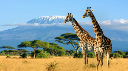 Three giraffes stand tall against the breathtaking backdrop of Mount Kilimanjaro in the National Park of Kenya, Africa. - obrazy, fototapety, plakaty
