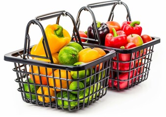 Fresh Colorful Bell Peppers and Citrus Fruits in Shopping Baskets on White Background