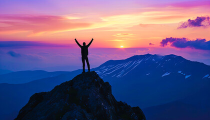 Silhouette stands triumphantly on the mountain top.