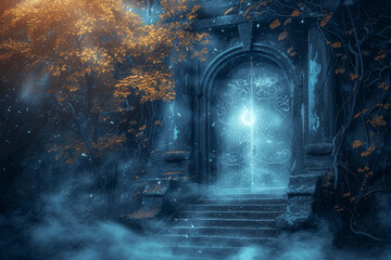 A magical door made of swirling mist, with a mystical key inserted in the keyhole, leading to a...