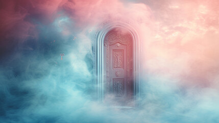 A magical door made of swirling mist, with ethereal keys floating in the haze, on a dreamy pastel pink and blue background.