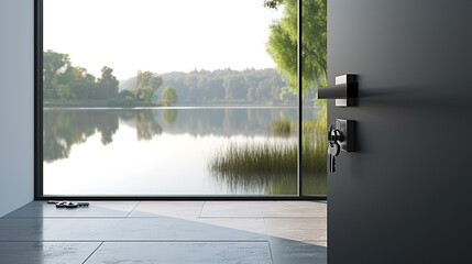 A minimalist, sleek black door partially opened, offering a view of a serene lake, with a set of modern keys on a pristine white background.