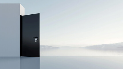A minimalist, sleek black door partially opened, offering a view of a serene lake, with a set of modern keys on a pristine white background.