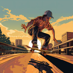 A skateboarder grinding on a rail. - obrazy, fototapety, plakaty