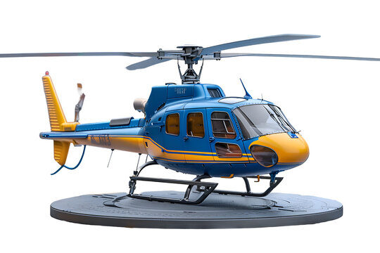 A 3D animated cartoon render of a blue and yellow helicopter touching down on a helipad.