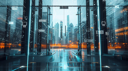 A modern glass door, reflecting a bustling cityscape, with a set of digital keys hovering in the...