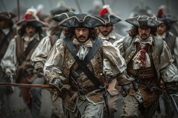 Obraz premium Elegant musketeer in historical attire, portraying bravery and chivalry in an enchanting renaissance setting, a symbol of classic heroism and adventure