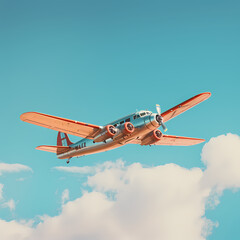 Fototapeta na wymiar A vintage airplane flying in a clear blue sky.