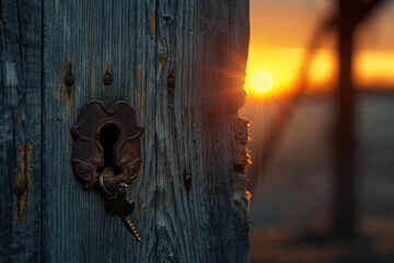 A rustic barn door ajar, with an old-fashioned key in the keyhole, showcasing a golden sunset behind it. - obrazy, fototapety, plakaty