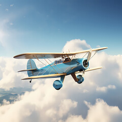 A vintage airplane flying in a clear blue sky.