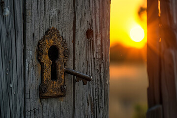 A rustic barn door ajar, with an old-fashioned key in the keyhole, showcasing a golden sunset...