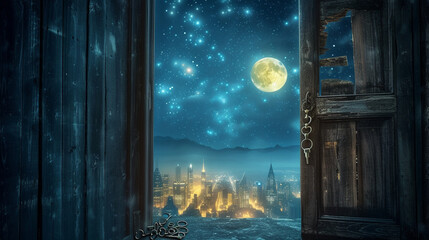 A rustic wooden door, open to reveal a glowing cityscape, with antique keys resting on a midnight sky background filled with stars. - obrazy, fototapety, plakaty