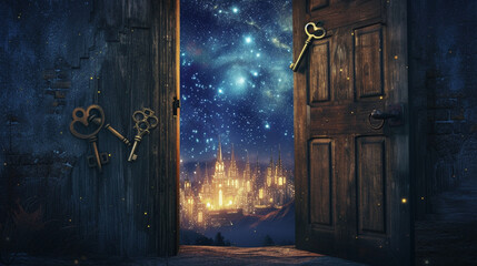 A rustic wooden door, open to reveal a glowing cityscape, with antique keys resting on a midnight...