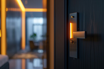 A sleek modern door ajar, with a digital keycard inserted into the keyhole, granting access to a futuristic workspace.