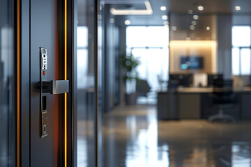 A sleek modern door ajar, with a digital keycard inserted into the keyhole, granting access to a futuristic workspace.