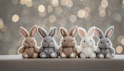 illustration de cinq lapins en peluche de couleur beige blanc et gris assis sur un fond gris avec des ronds en effet bokeh - obrazy, fototapety, plakaty