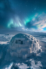 Tranquil Arctic Night: Indigenous Igloo House under Aurora Borealis - obrazy, fototapety, plakaty