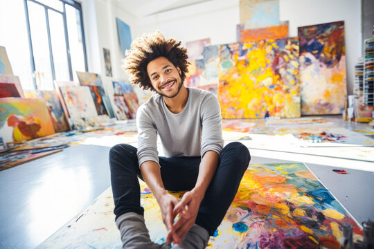 Portrait of Young, male, African American painter, relaxed in sunny studio. Colorful abstract artwork, creativity canvas around, paints, brushes on floor. Concept of artistic inspiration, urban art