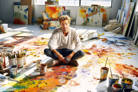 A man painter sits cross-legged, surrounded by paint splashes on the art studio floor, gazing pensively at the camera amidst his creative chaos, mess. Concept of creative space, artistic passion