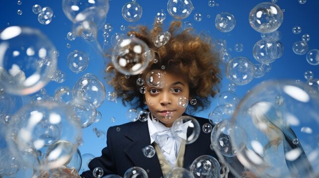 Cheerful African boy, soap bubbles blue background, banner